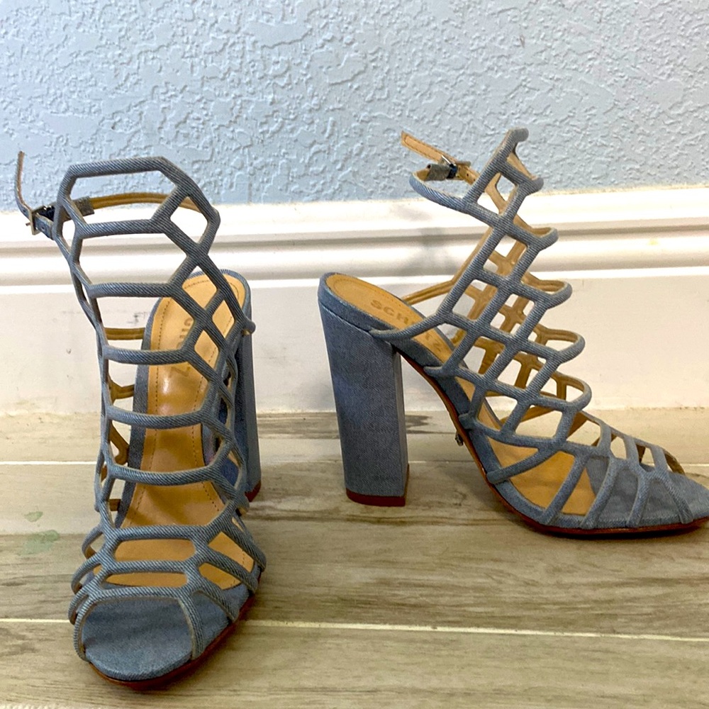 Schutz- caged thick chunky heel - denim pattern/color - size 6 - leather sole